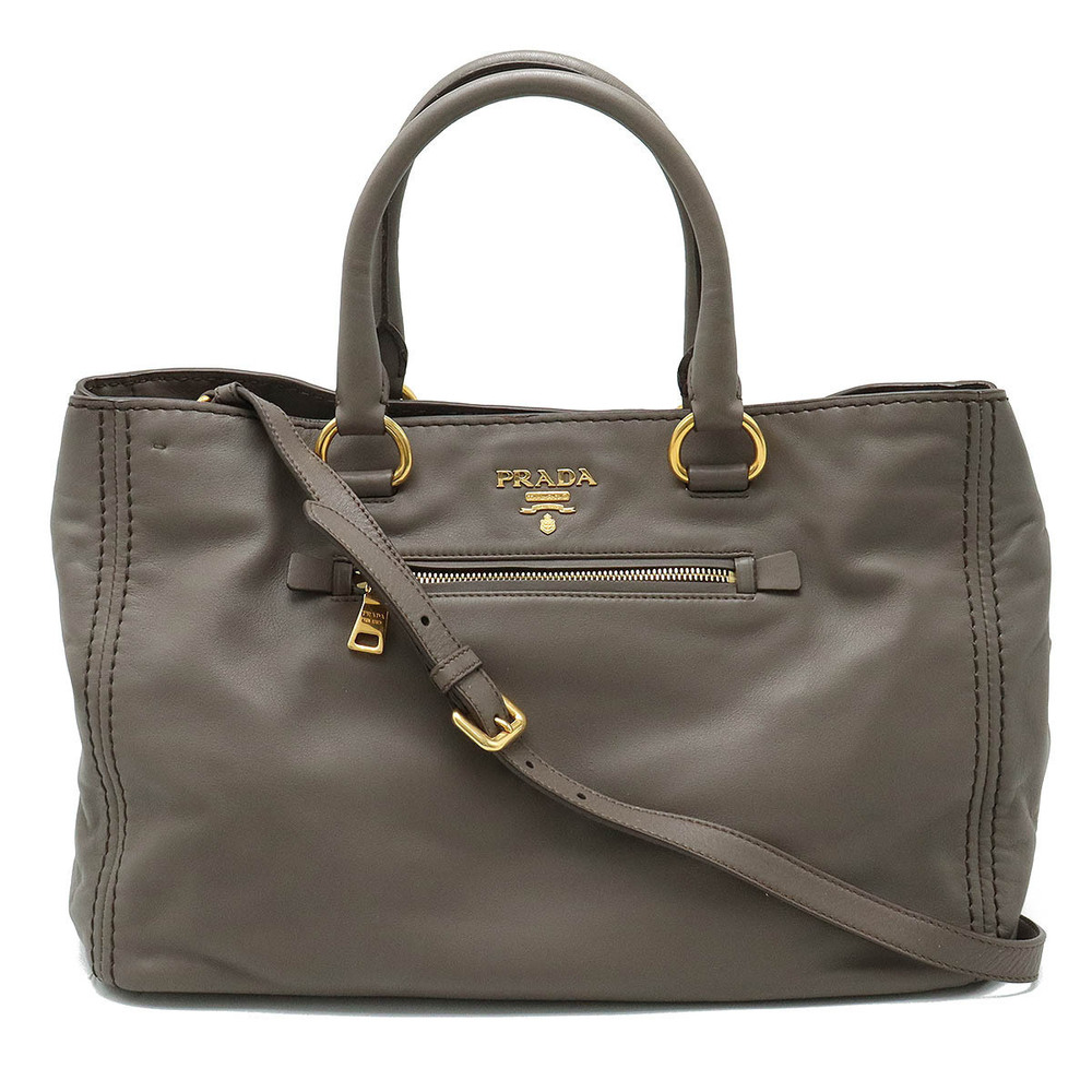 Prada SOFT CALF Stitch Tote Bag Handbag Shoulder Leather BAMBU Greige Gray